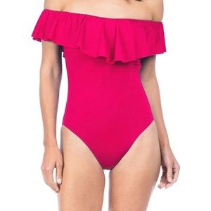 Trina Turk Fuchsia Pink Off Shoulder ruffle swimsuit